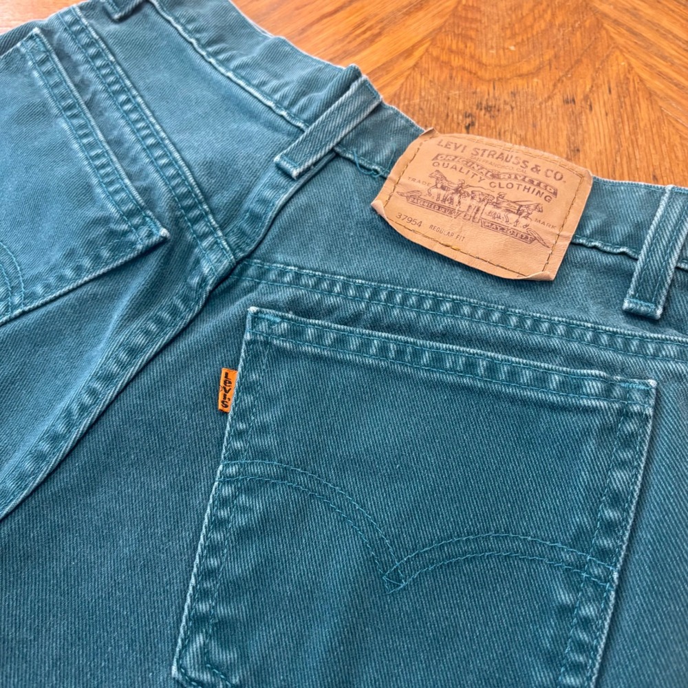 Vtg Levis 954 Teal Orange Tab Distressed Denim Shorts USA Made 5 25 Waist